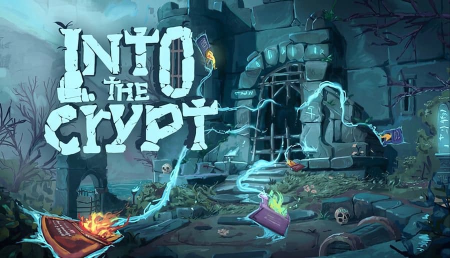 Into the Crypt: cracked stone ruins with glowing blue portal, scattered skulls, and a purple spellbook by a firelit path.