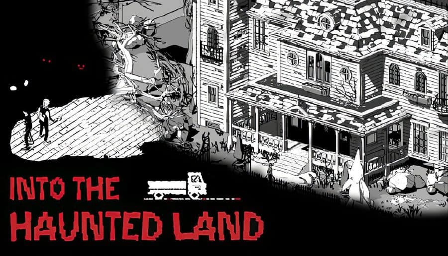 Into The Haunted Land: cloaked figures approach a wooden porch as red eyes watch from dark woods beside a cabin.