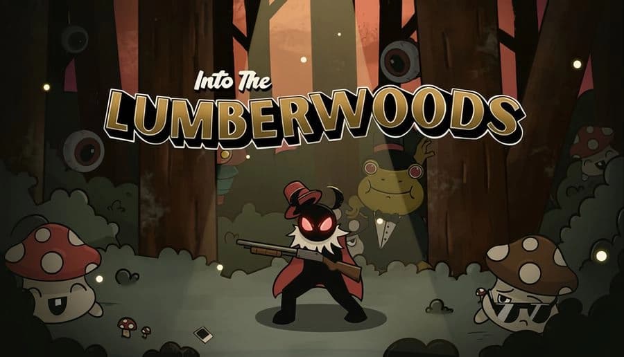 Into The Lumberwoods: red-eyed mothman creature grips a rifle in dark forest clearing with mushrooms and fireflies.