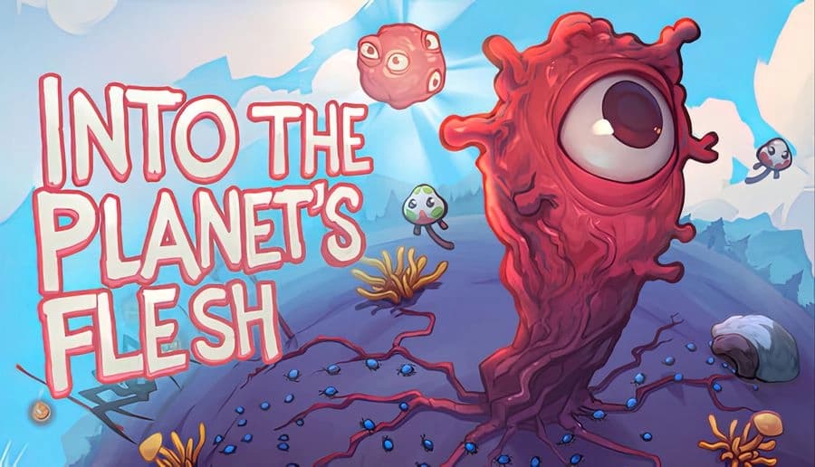 Into the Planet’s Flesh: giant one-eyed red parasite towers over eggs and tendrils on a blue alien seafloor.