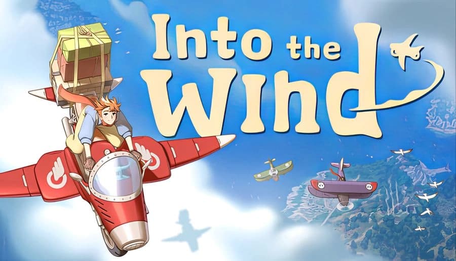 Into the Wind: Young man rides red rocket-like plane with cargo strapped on, flying over blue ocean and islands below.