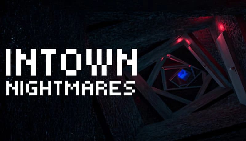Intown Nightmares: Dark passage with red and blue lights spiraling into darkness, creating a mysterious, unsettling environment.