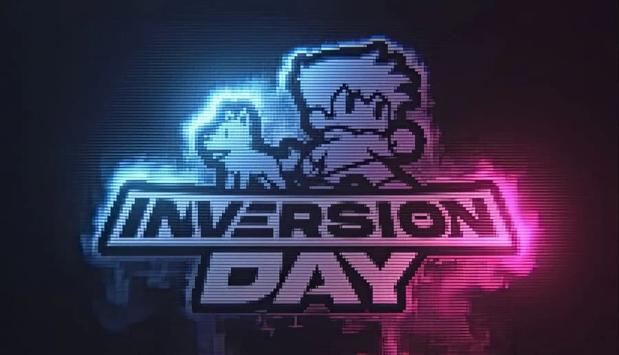 Inversion Day: pixel boy and small dog behind neon logo glowing blue and pink against dark, grainy backdrop.