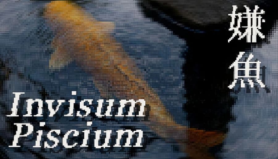 Invisum Piscium 嫌魚: Blurry orange fish swims beside a dark rippling surface, close-up view in dim water scene.