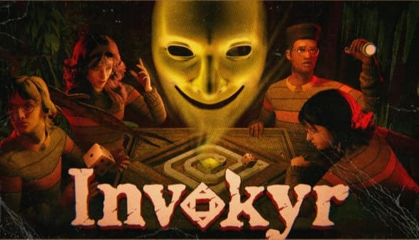 Invokyr: Four young adults around a glowing board game table, giant grinning mask looming in dark room.