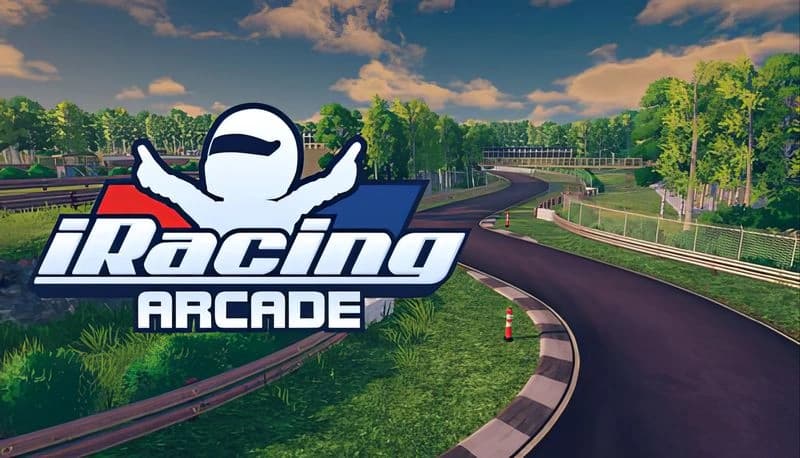 iRacing Arcade: Winding race track through lush forest, bordered by fences and lined with vibrant green trees on a sunny day.