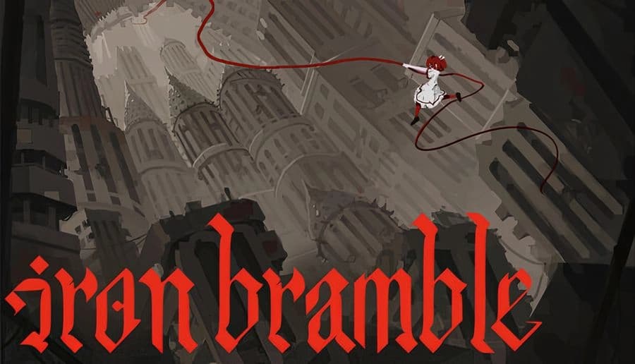 Iron Bramble: red-haired woman swings on a grappling line above towering gothic machinery in a dark megastructure.