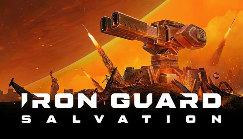 IRON GUARD: A massive turret dominates a fiery battlefield with smoke, debris, and flying projectiles under an orange sky.