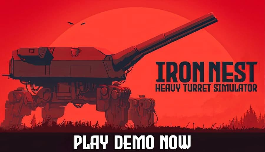 IRON NEST: Massive dieselpunk turret walker aiming long cannon across red sky above dark pine forest silhouette.