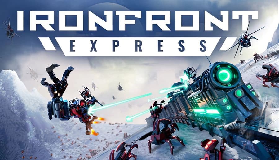 Ironfront Express: armored sci-fi train firing green lasers at flying drones above a snowy battlefield with robots.