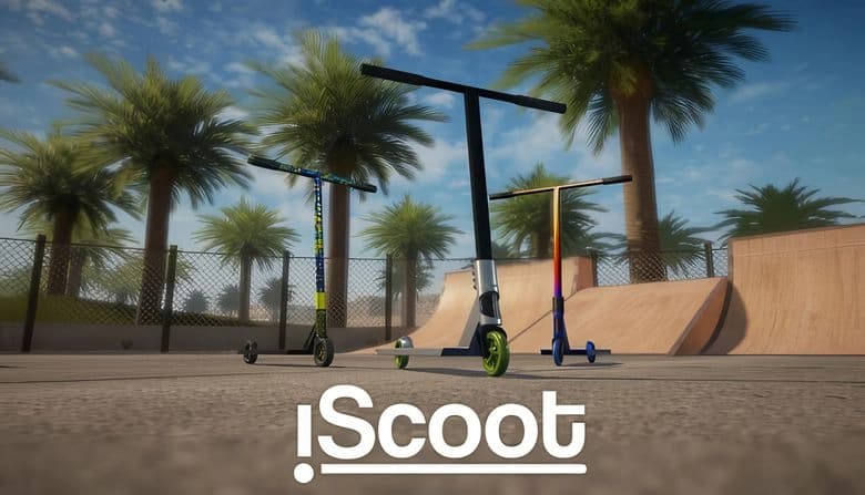 iScoot: Three scooters stand in a sunny skate park with palm trees, ramps, and a chain-link fence in the background.