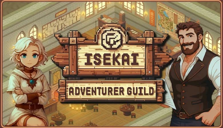 A young woman with wavy short blonde hair in a white robe stands across a bearded man in a vest inside a cozy guild hall.