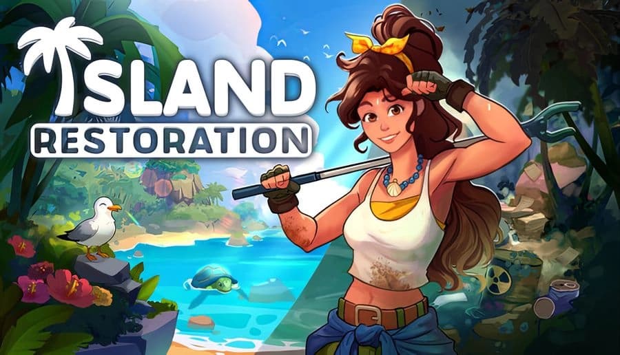 Island Restoration: smiling young woman holds cleaning pole beside lagoon with turtle and seagull, palms and cliffs.