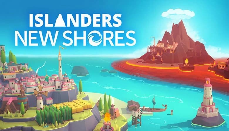 ISLANDERS: Vibrant island with colorful buildings and windmills, contrasting with volcanic terrain across turquoise sea.