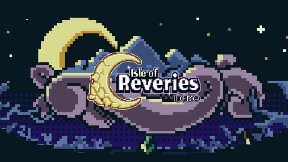 Isle of Reveries: Crescent moon over pixel art mountains and waves, stars dotting the sky in a serene, moonlit night setting.