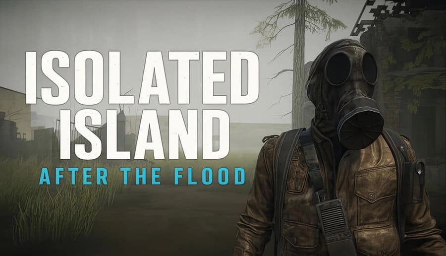 Isolated Island: gas-masked man in tactical jacket and backpack stands in flooded forest with bare trees and fog.