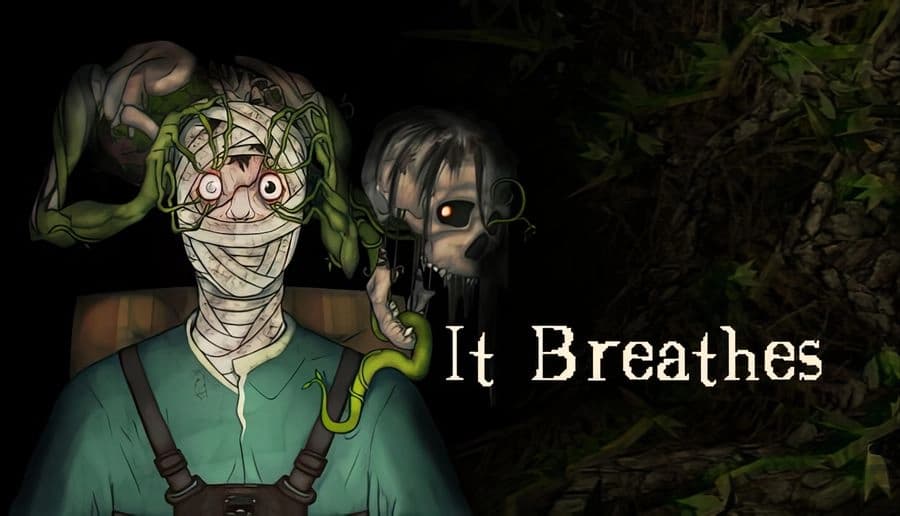 It Breathes: bandaged nurse with red eyes and green snakes around her head dark hospital corridor backdrop.