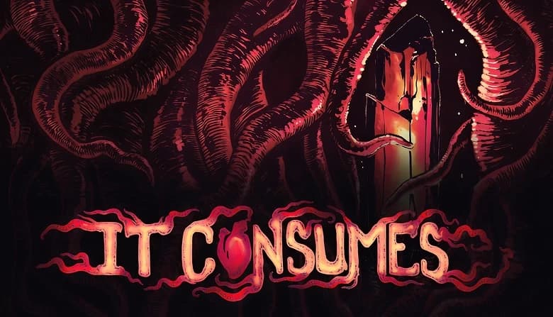 A glowing crystal is centered in a dark, ominous scene, encircled by tangled, red tentacles reaching inward.