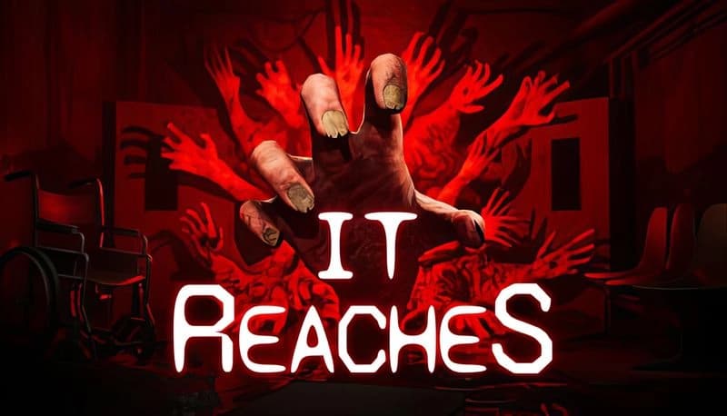 It Reaches: Large hand with sharp nails reaches through red-lit room, surrounded by multiple hands. Wheelchair sits nearby.