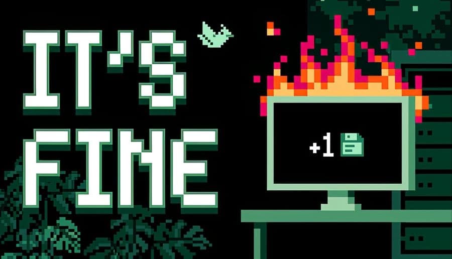 It's Fine: A computer with a floppy disk icon burns in an office, while a pixelated bird flies above near green foliage.