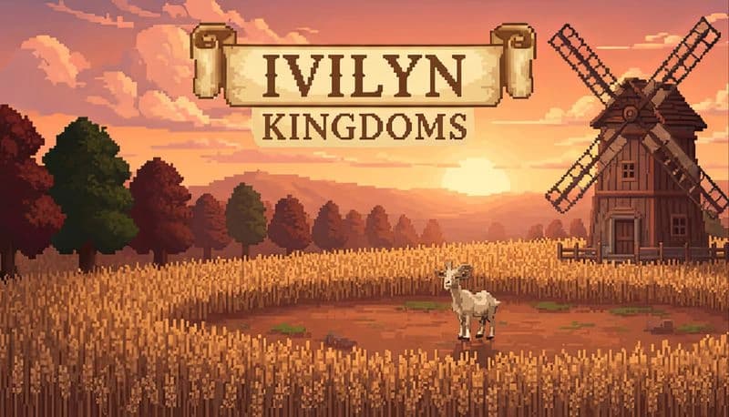 Ivilyn Kingdoms: A lone goat stands in a sunlit wheat field beside a rustic wooden windmill, under a vibrant sunset sky.