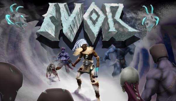 IVOR: Viking warrior holds axe and shotgun before giant stone title letters, foggy mountains and glowing skulls.