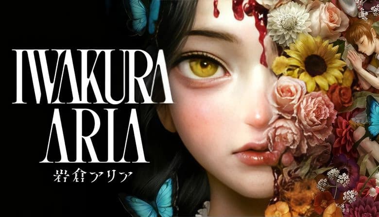 A young woman with dark hair and a golden eye, blood on her forehead. Half her face blends into flowers and butterflies.