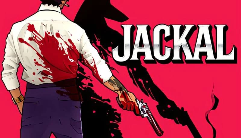 Jackal: Man in bloodstained shirt holding revolver, casting shadow on red backdrop. Shadow forms sinister silhouette.