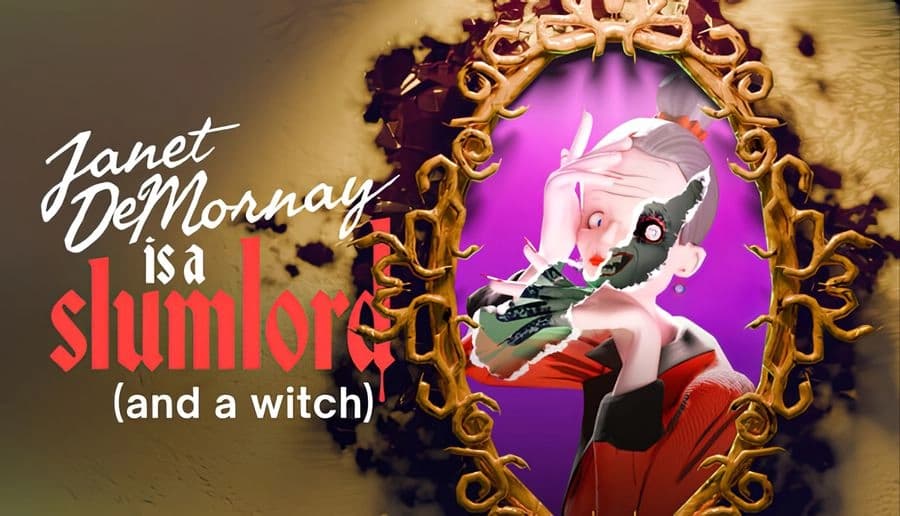 Janet DeMornay Is A Slumlord (and a witch): Woman covers one eye, red lipstick, before a gold chain frame on purple bg.