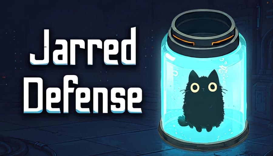 Jarred Defense: black cat silhouette trapped in glowing blue glass jar beside large title text on dark tech background.