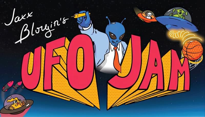 Jaxx Blorgin's UFO Jam: Blue alien in suit dunking basketball from spaceship, surrounded by UFOs in a starry sky background.
