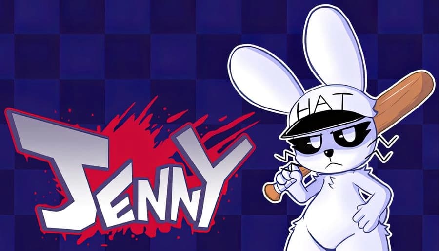JENNY: Stern white rabbit holding a bat and cigarette, wearing a hat, beside bold title on purple grid background.