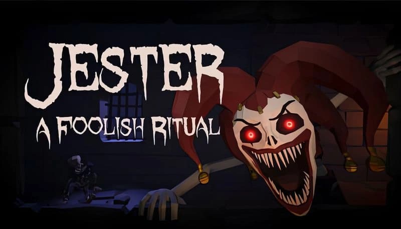 Jester: Red-eyed jester with sharp teeth emerges from shadows, skeletal figure in dark castle backdrop, eerie atmosphere.