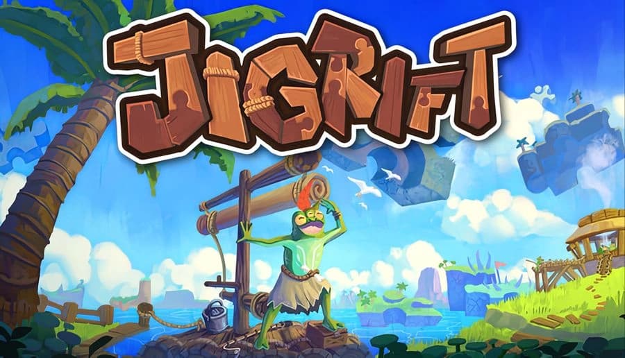 Jigrift: Green three-eyed frog villager raises a staff by a wooden frame on lush island cliffs above sea.
