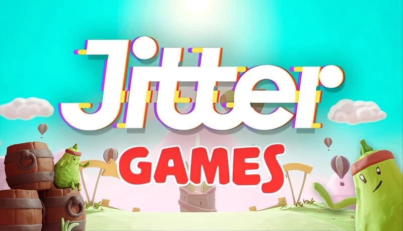 Jitter Games: Cartoon pickles with hats stand beside wooden barrels under a bright sky with scattered hot air balloons.