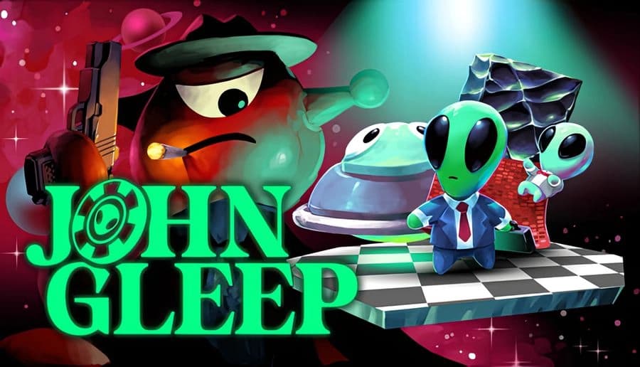 JOHN GLEEP: Small green alien in suit on floating checkerboard platform beside flying saucer in outer space scene.