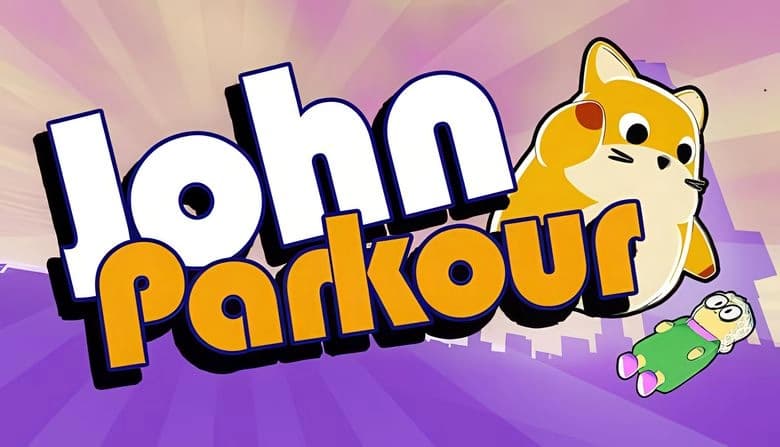 John Parkour: Cartoon cat leaps over obstacles in a vibrant, purple cityscape, chasing a small green-dressed old lady.