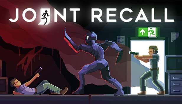 Joint Recall: Creature menaces fallen figure; another aims weapon, standing near an open door with exit sign, in dark room.
