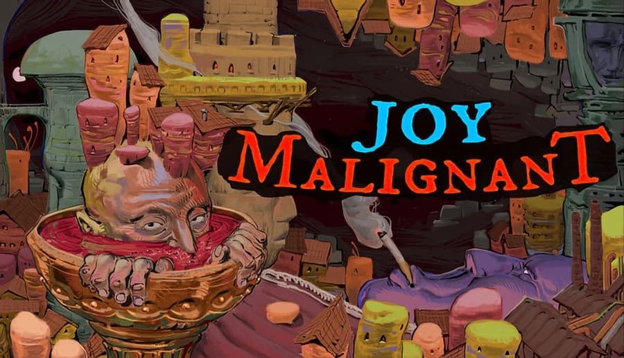 Joy Malignant: Two humanoid figures lie among stacked clay buildings, one emerging from a gilded basin in ruins.