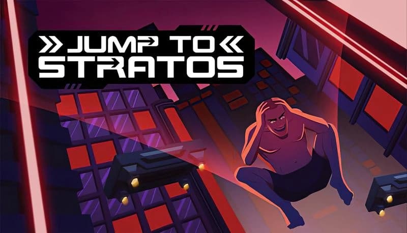 Jump To Stratos: Young man in shorts jumps between skyscrapers at night, gripping head amid neon cityscape.