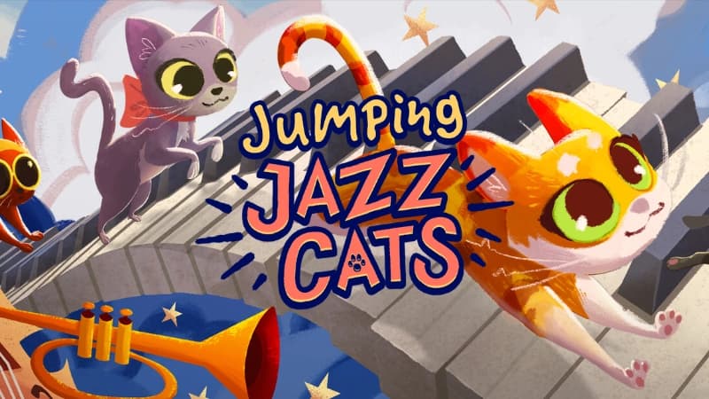 Cartoon cats with big eyes leap across giant piano keys, surrounded by stars and trumpets.