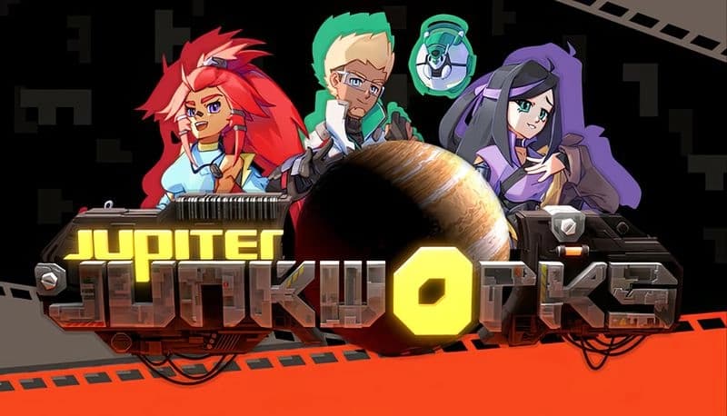 Jupiter Junkworks: Three diverse characters with vibrant hair stand behind futuristic machinery and a planet in space.