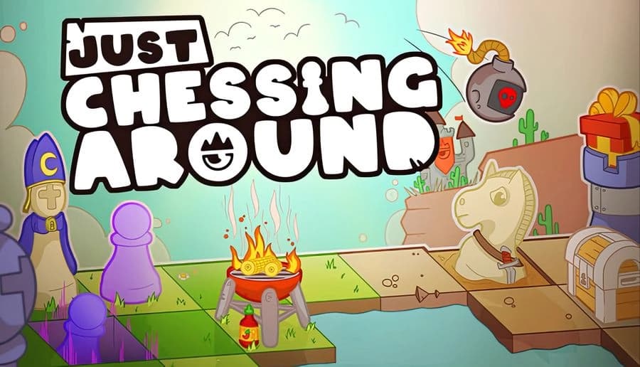 Just Chessing Around: cartoon chessboard battlefield with burning cauldron, knight skull statue, and gift-wrapped tower nearby.