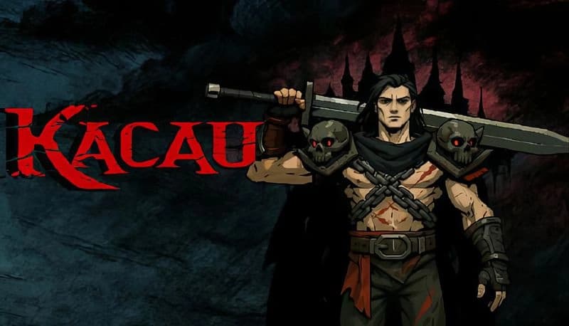 KACAU: Muscular warrior holds a giant sword with skull pauldrons, standing before a dark castle backdrop under a crimson sky.