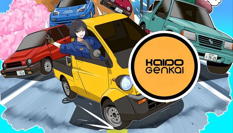 Kaido Genkai: anime young woman leaning from yellow hatchback as red and green cars race on highway backdrop.