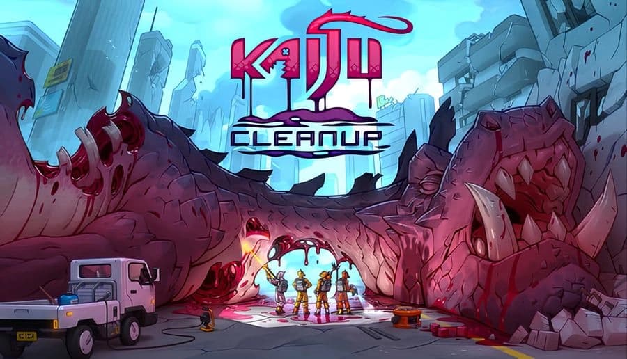 Kaiju Cleanup: workers in hazmat suits cut into a huge kaiju carcass City street between damaged high-rises.