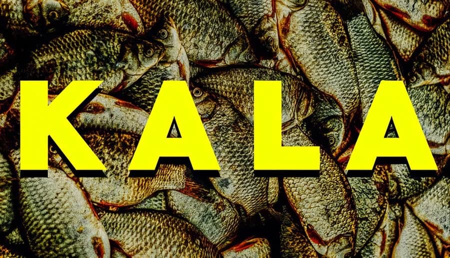 KALA: Large yellow KALA letters over a pile of dead fish with rough scales and fins filling the frame.