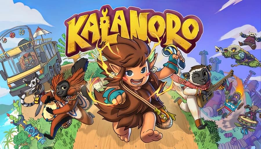 Kalanoro: young boy hero runs forward with lemur allies, flying drones and airship over tropical cliffs and sea.
