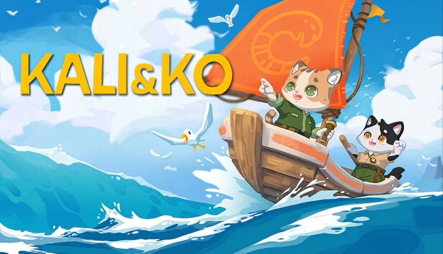 Kali and Ko: Two cartoon cat explorers ride a wooden boat through choppy ocean waves under bright clouds.