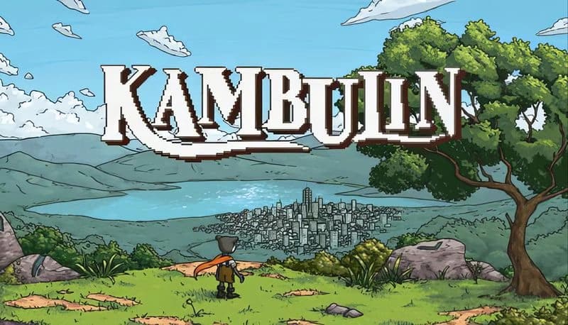 Kambulin: Lone figure in hat and orange cape gazes at sprawling city by lake, surrounded by lush trees and distant mountains.